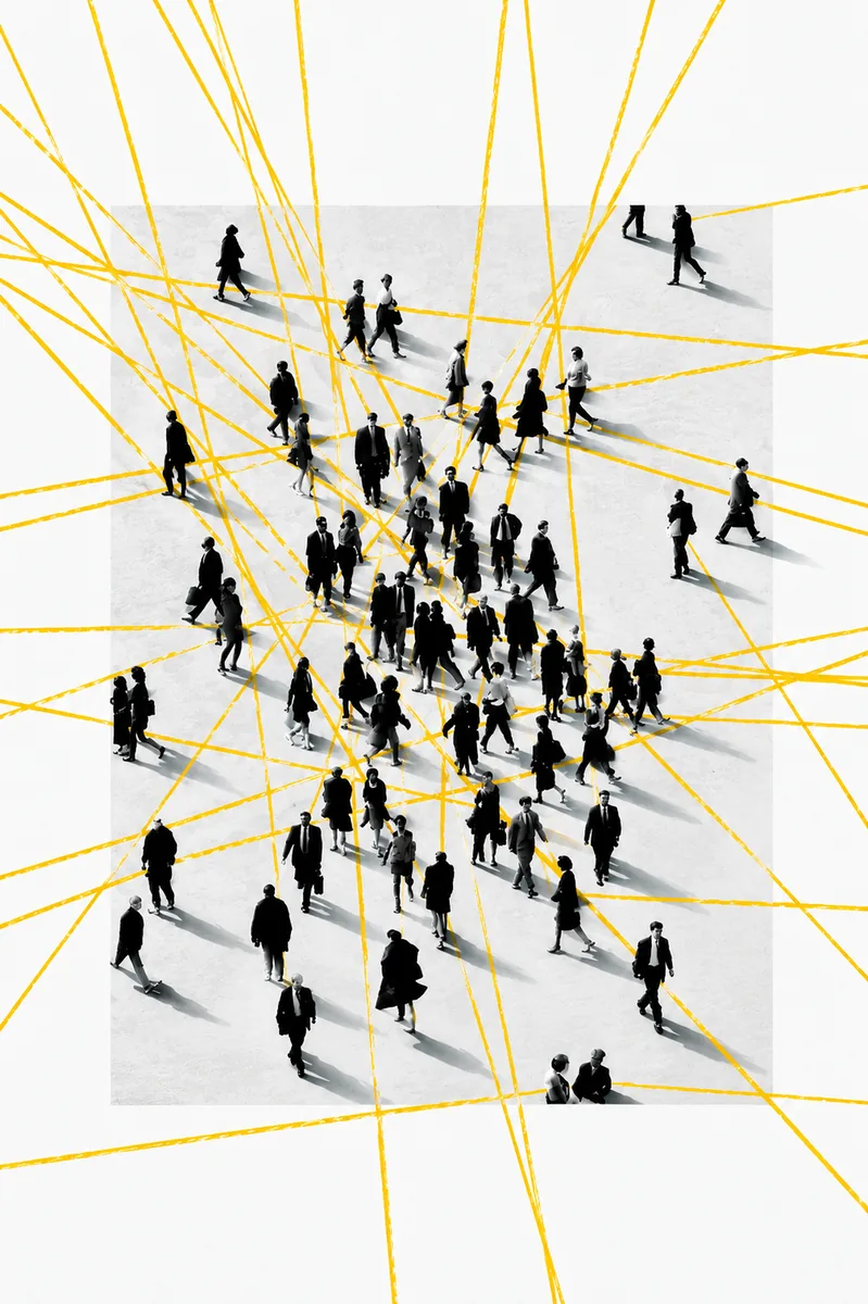 A crowd in motion, connected by lines